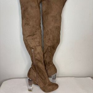 Wild Diva Lounge Over the Knee High Clear Lucite Heel Sexy Boots Women's 7 Brown